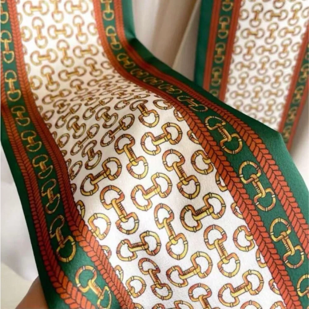 Elegant Cream Patterned Silk Scarf with Green Trim